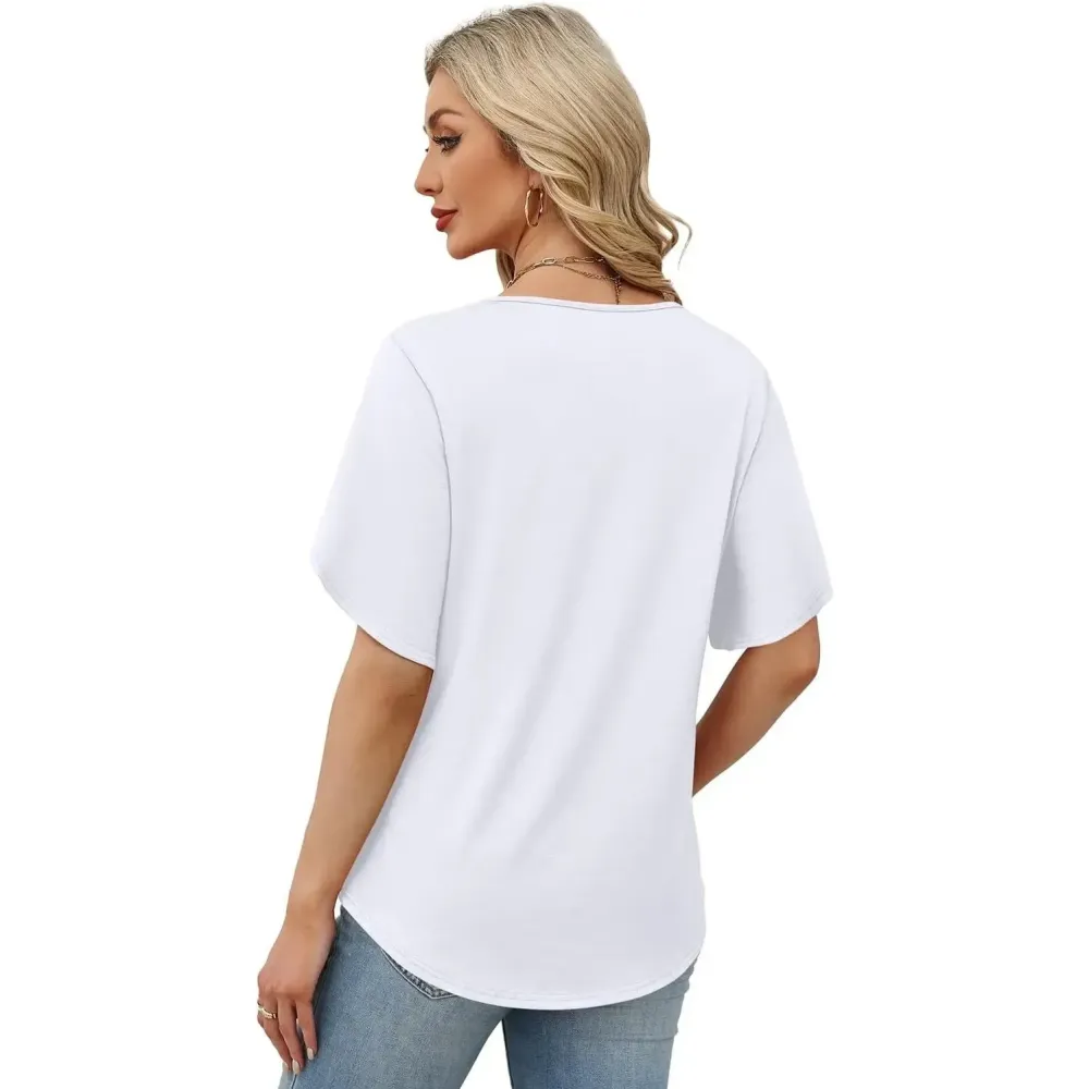 Womens Summer Tops Short Petal Sleeve Shirts Fashion V Neck Outfits Clothes