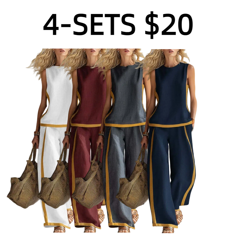 2026 Linen Blend Two Piece Set for Women Sleeveless Color Block Top Wide Leg Pants Set Casual Summer Outfit