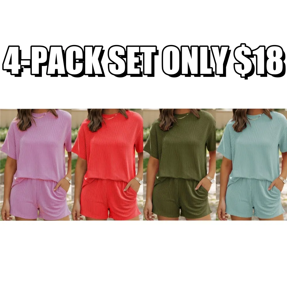 Women's Solid Twisted Ribbed Knit Textured Pocket Shorts Set