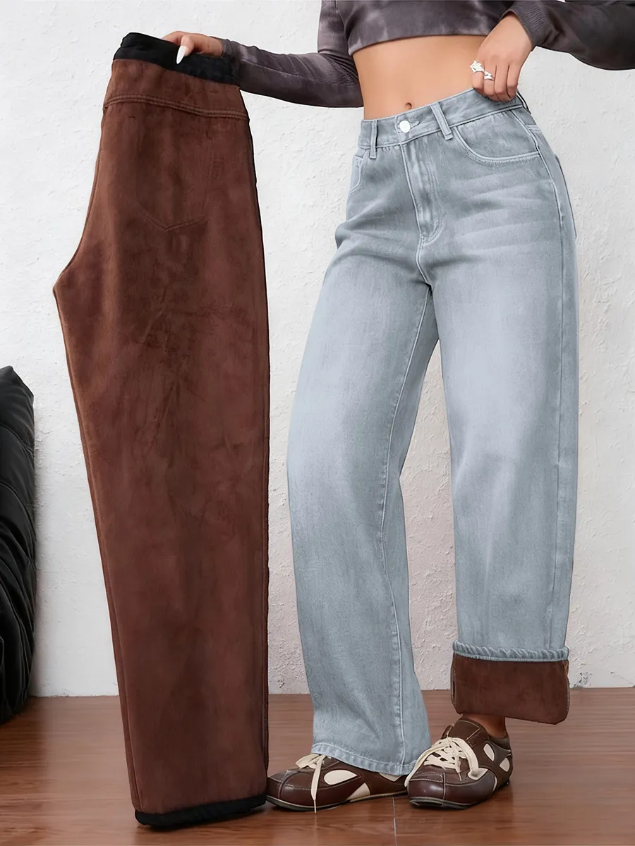 Women's Vintage Fleece-Lined Thickened Fall Winter Wide Leg Jeans