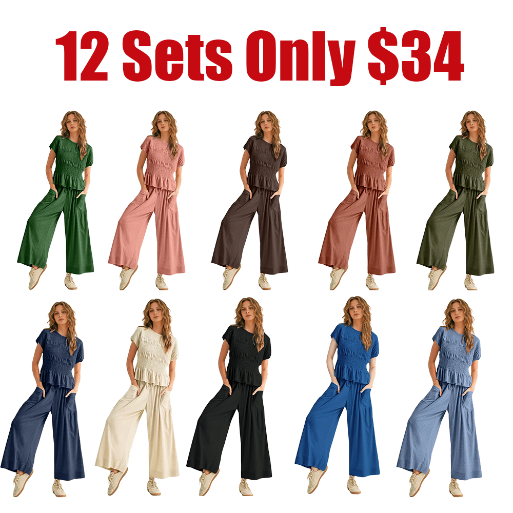 Women's 2-Piece Smocked Top & Wide-Leg Pants Set High-Waisted Lounge Outfit with Pockets Casual Boho Matching Set Minimalist Basic Kleinblue Crewneck Clothes Suits Fitted Trouser