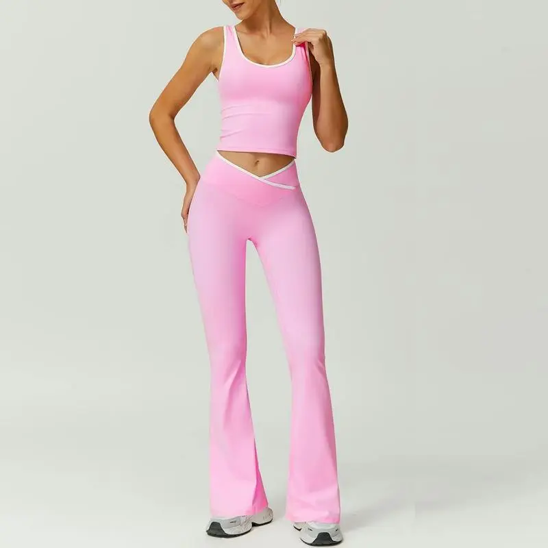 Womens Colorblock Tank Top & Flare Leg Pants Tracksuit Set