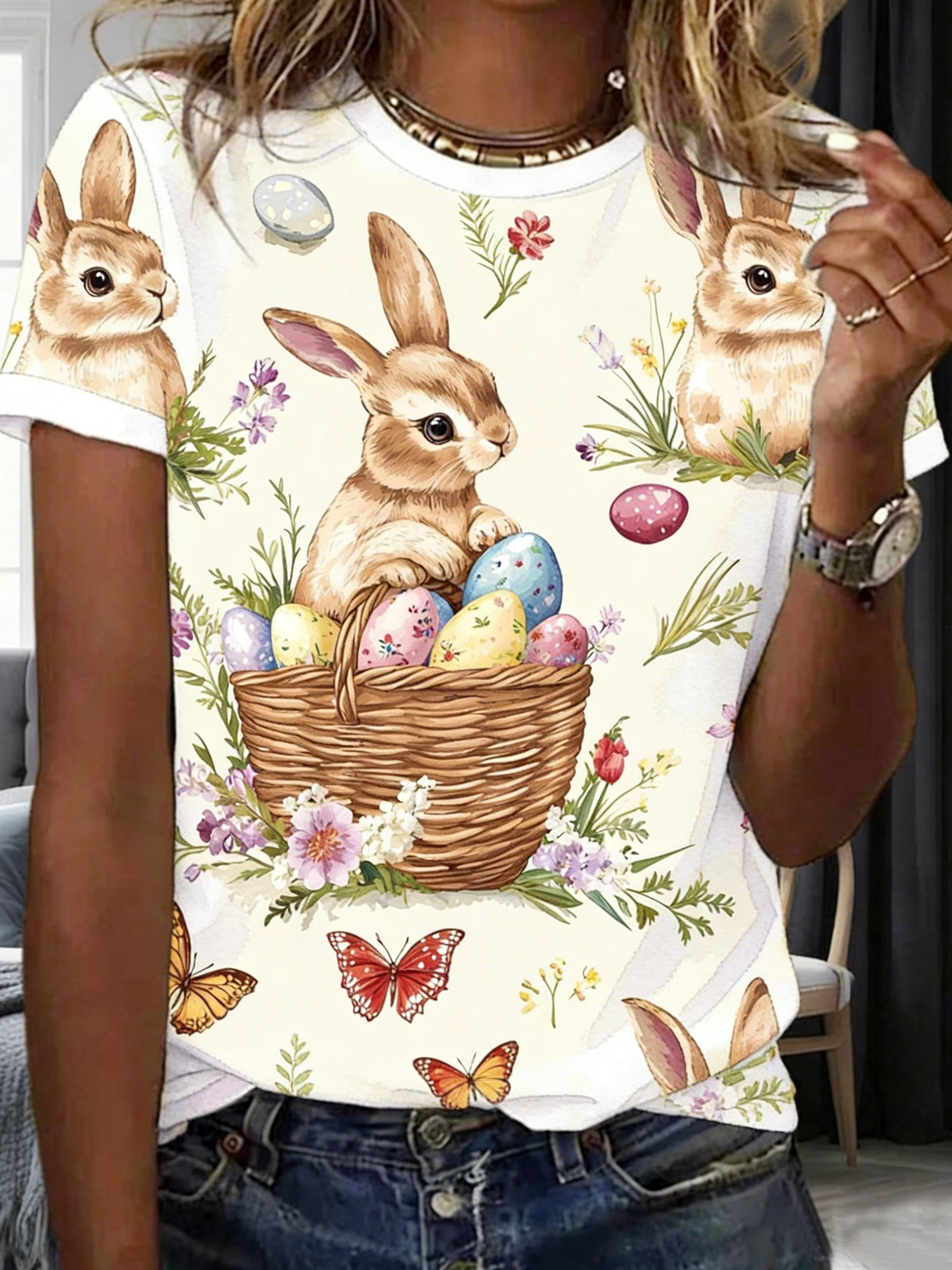 3D Printing Easter Rabbit Floral Crew Neck Short Sleeve Summer Casual T-Shirt