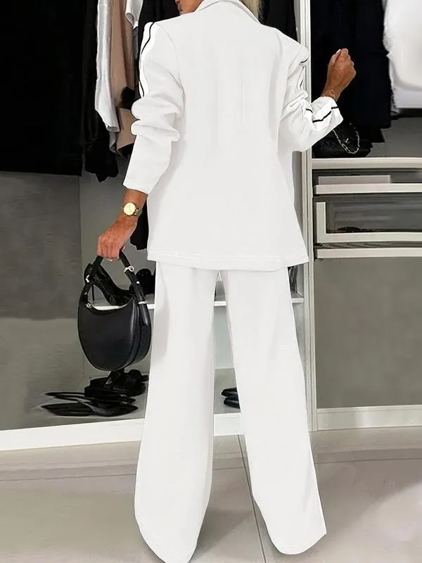 Women's Striped Print Blazer Jacket & Wide Leg Pants Set