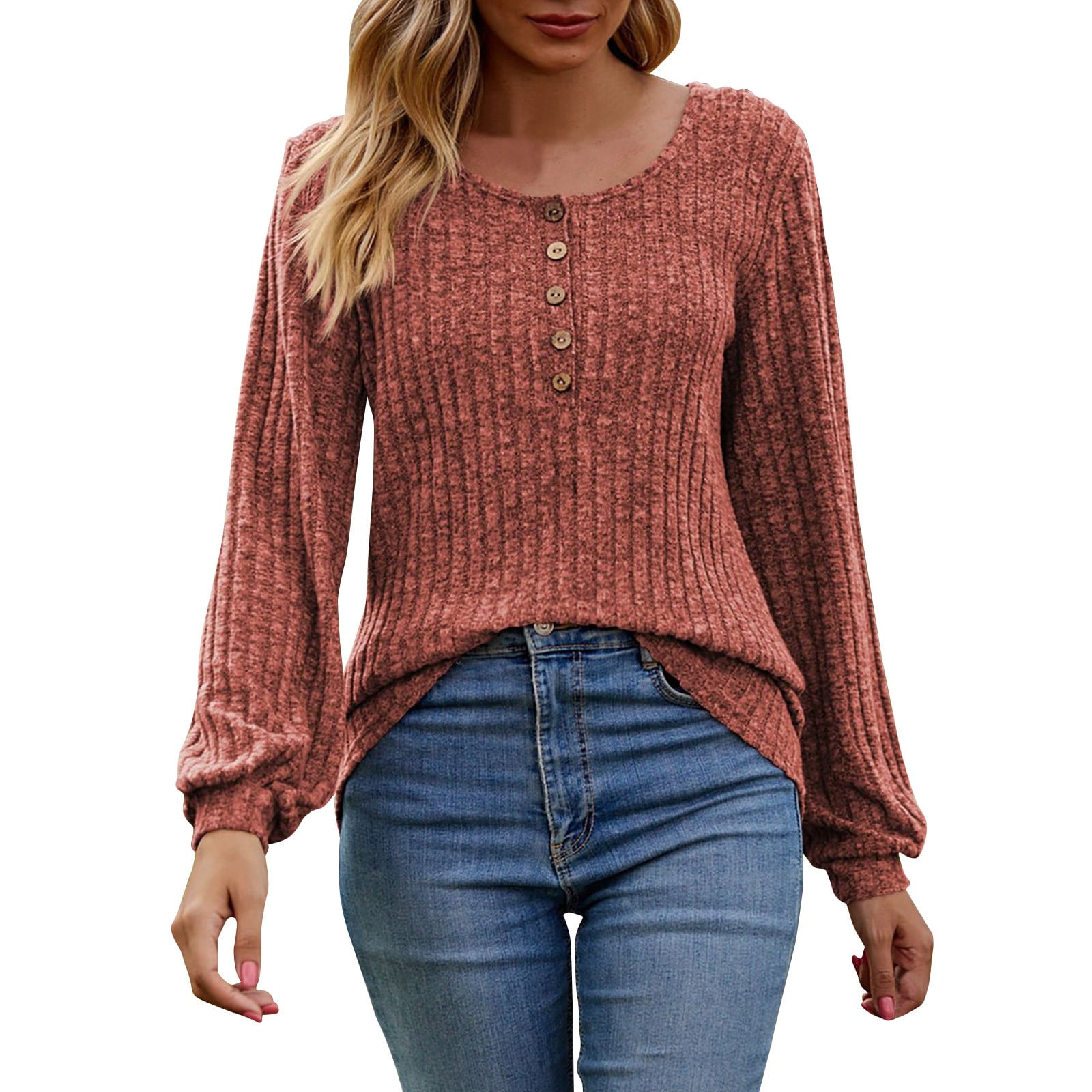 Women's Fall Button Scoop Neck Puff Long Sleeve Henley Shirts