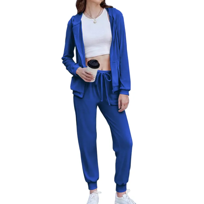 Women's Casual Velour Tracksuit Set Full Zipper Hoodie