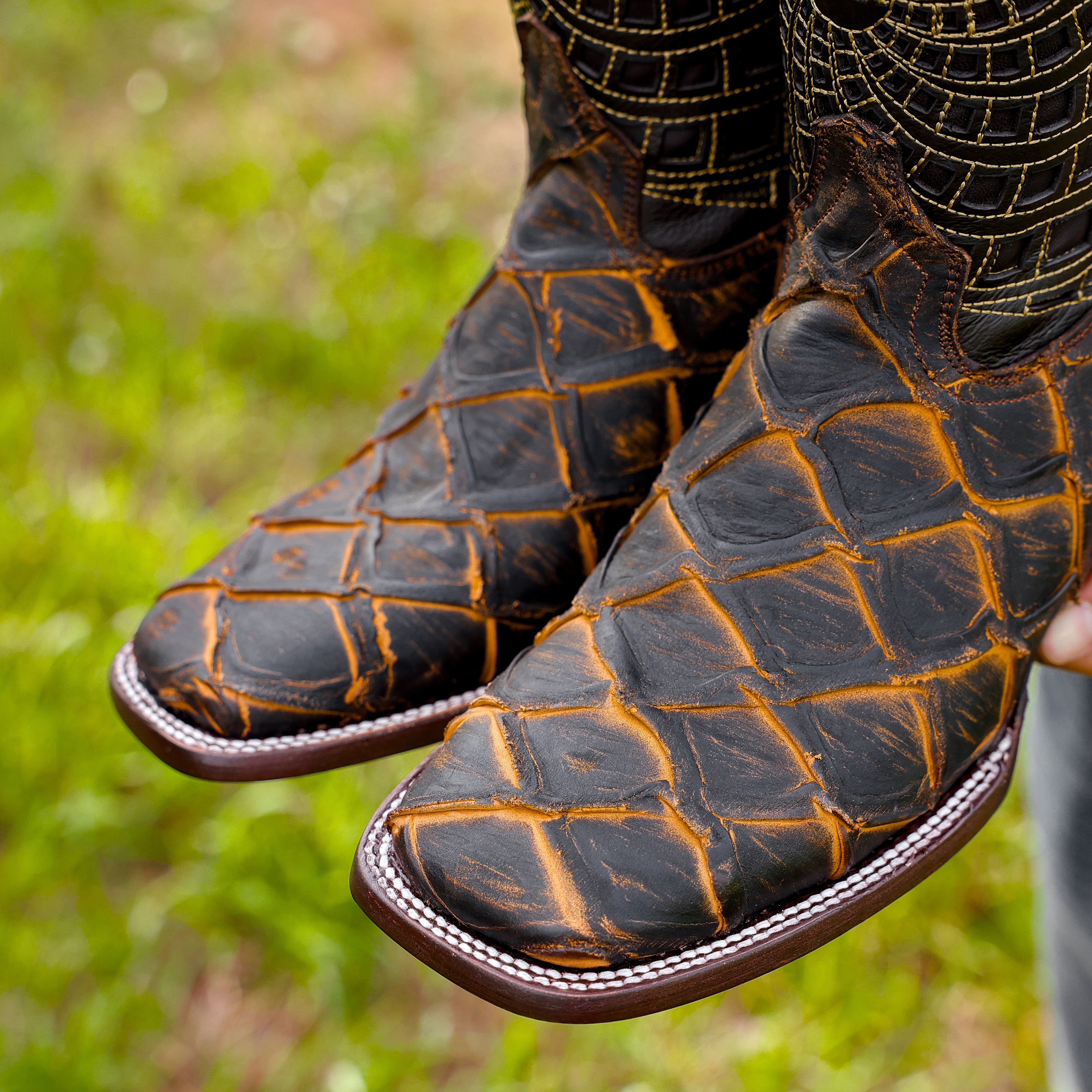 Matte Rustic Black/Honey Pirarucu Leather Boots - Square Toe
