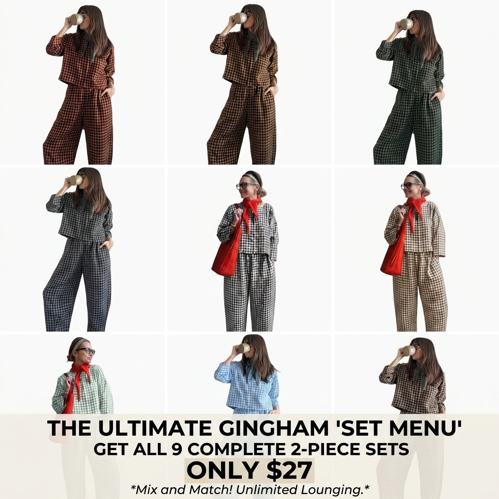 Women's Casual Woven Fabric Plaid Checkered Print Co-ord Set for Fall, Loose Fit Long Sleeve Top & Elastic Waist Wide Leg Pants Two-Piece Set