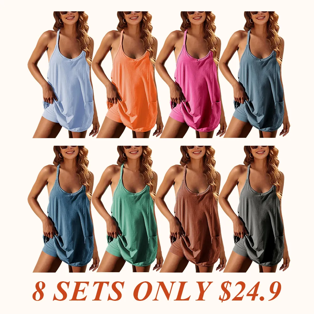 Women's Athletic Sleeveless Mini Dress with Built-in Shorts Summer V Neck Spaghetti Strap Short Spring Tennis Dress with Pockets