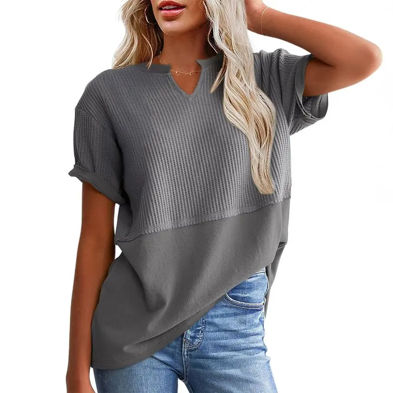 2026 Spring/Summer Cozy Oversized Waffle Knit V-Neck Top Women's Short Sleeve Pullover