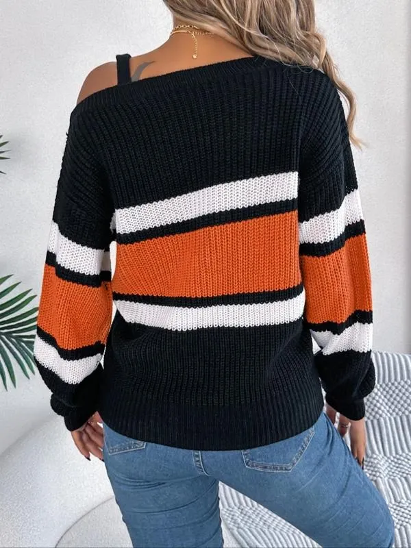 Women's Striped Print Asymmetrical Neck Buckle Decor Sweater