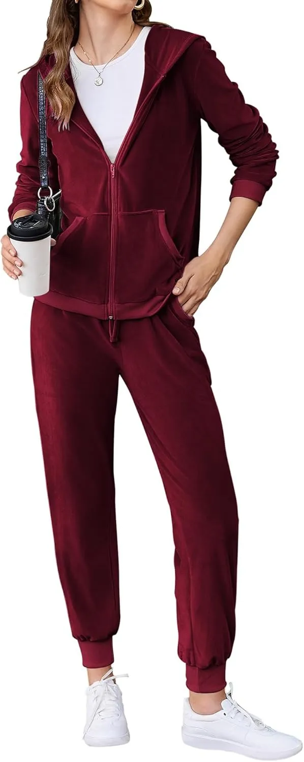 Women's Casual Velour Tracksuit Set Full Zipper Hoodie