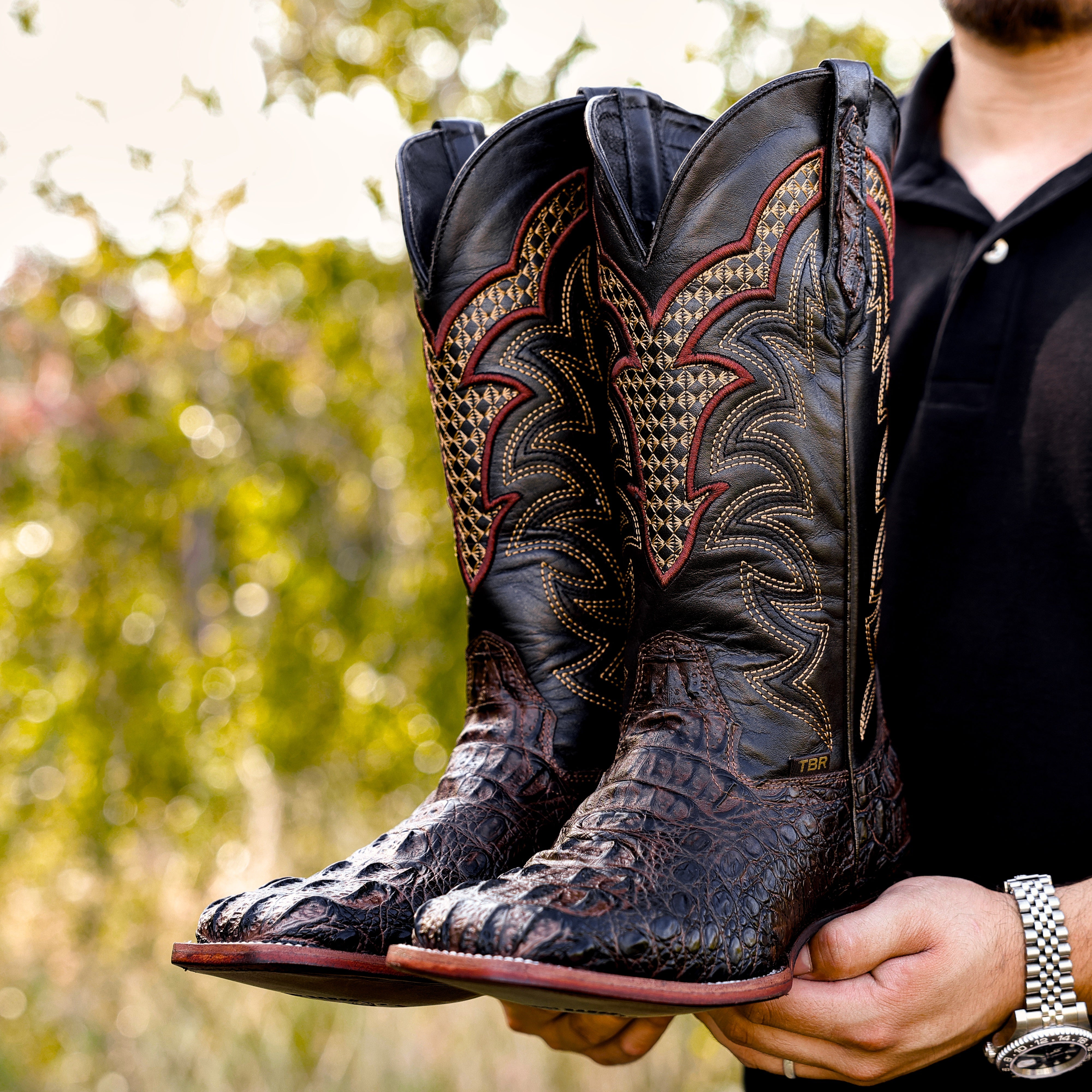 Chocolate Brown Caiman Neck Leather Boots - Square Toe