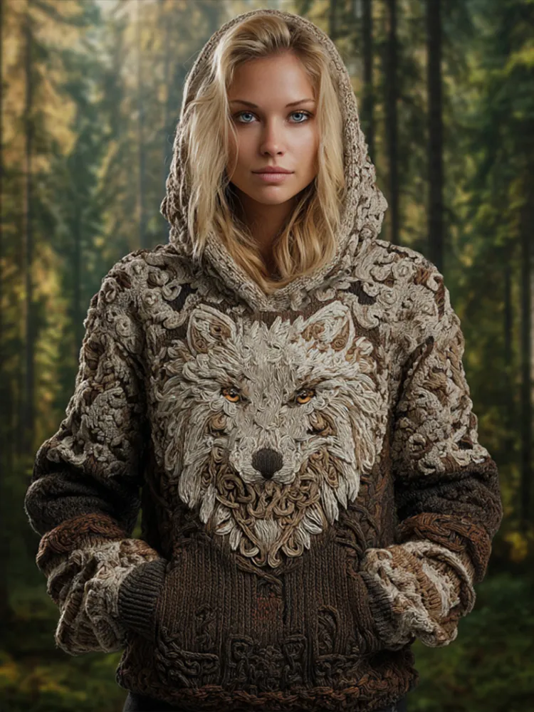 Viking Retro Style Wolf Element Women's Hooded Knit Sweater