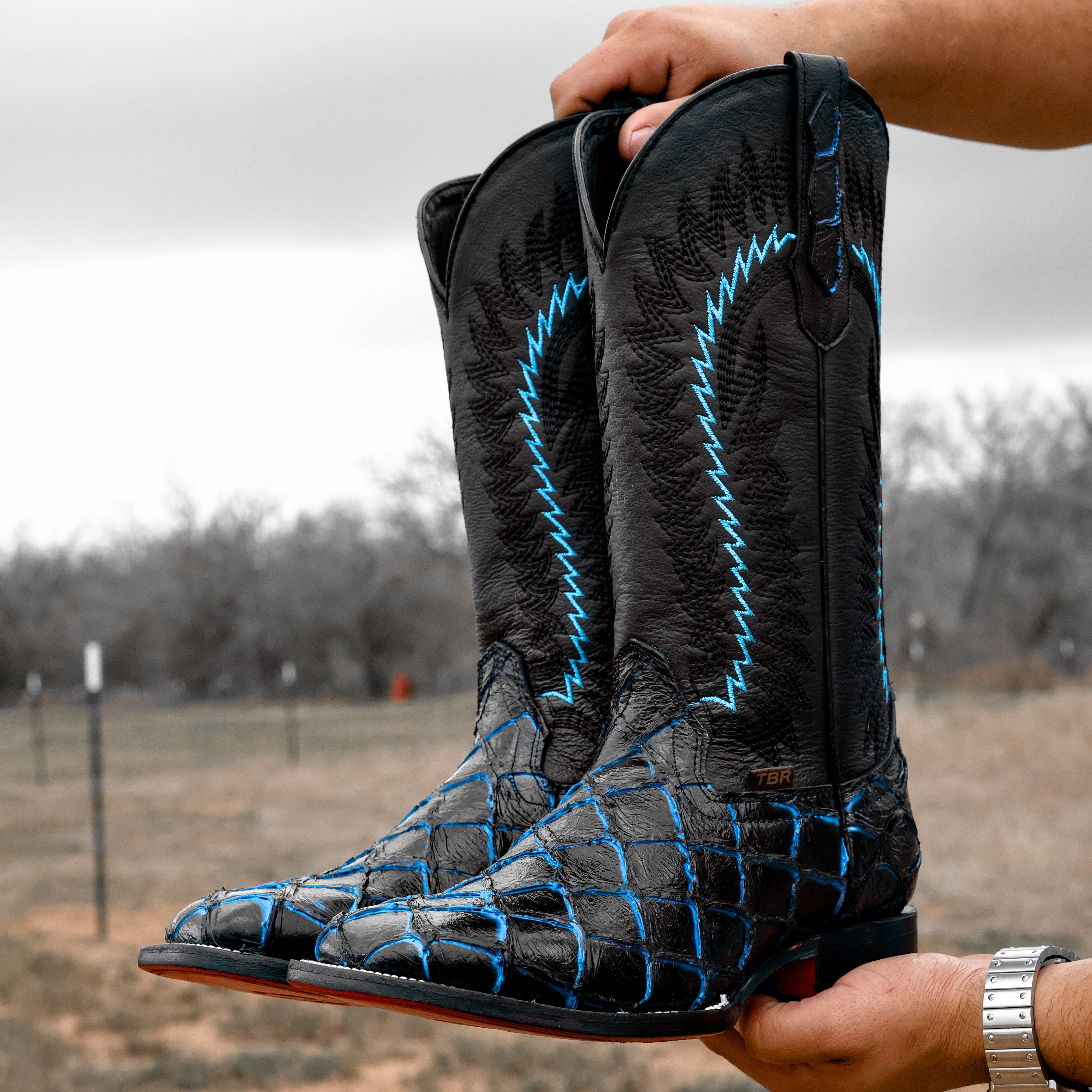Midnight Blue Pirarucu Leather Boots - Square Toe