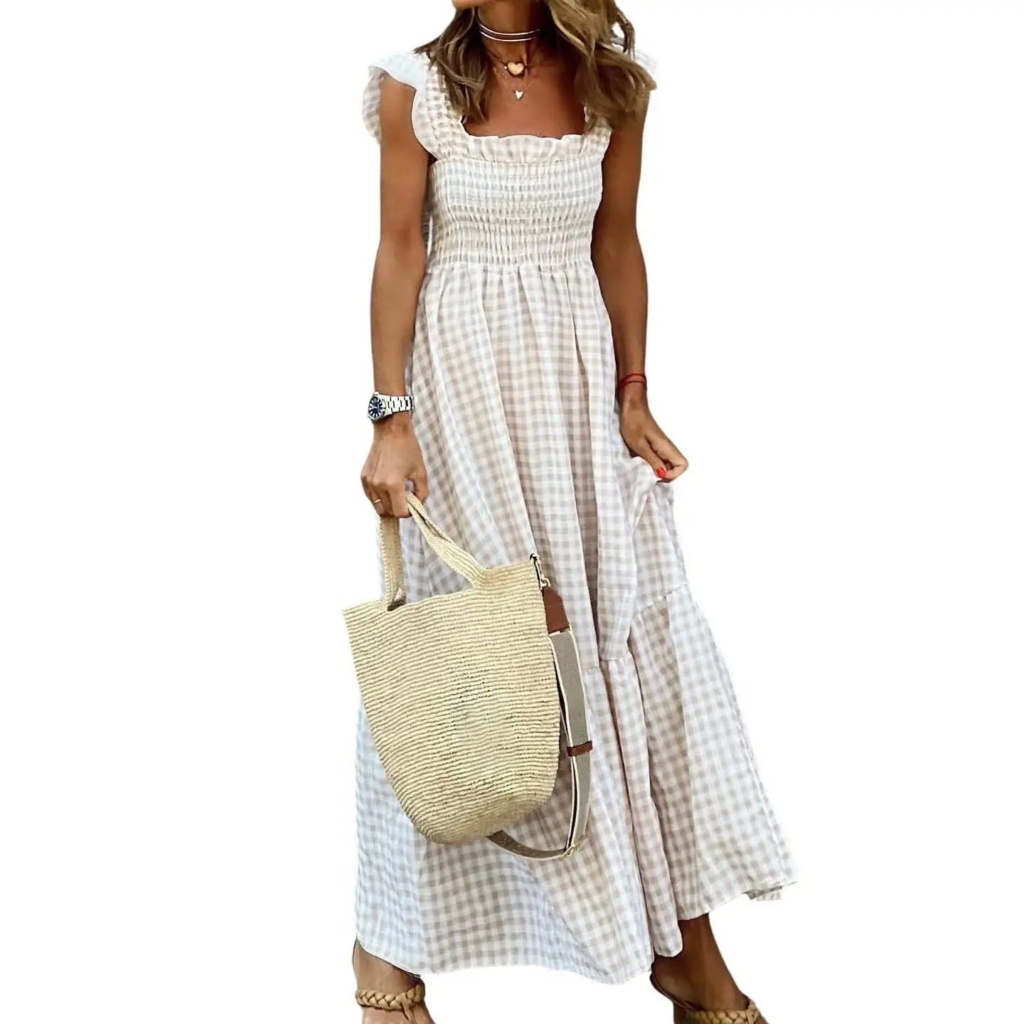 Women's Retro Plaid Smocked Dress Spaghetti Strap Flounce Long Casual Sleeveless Flowy Evening Fashion Basic with Pockets