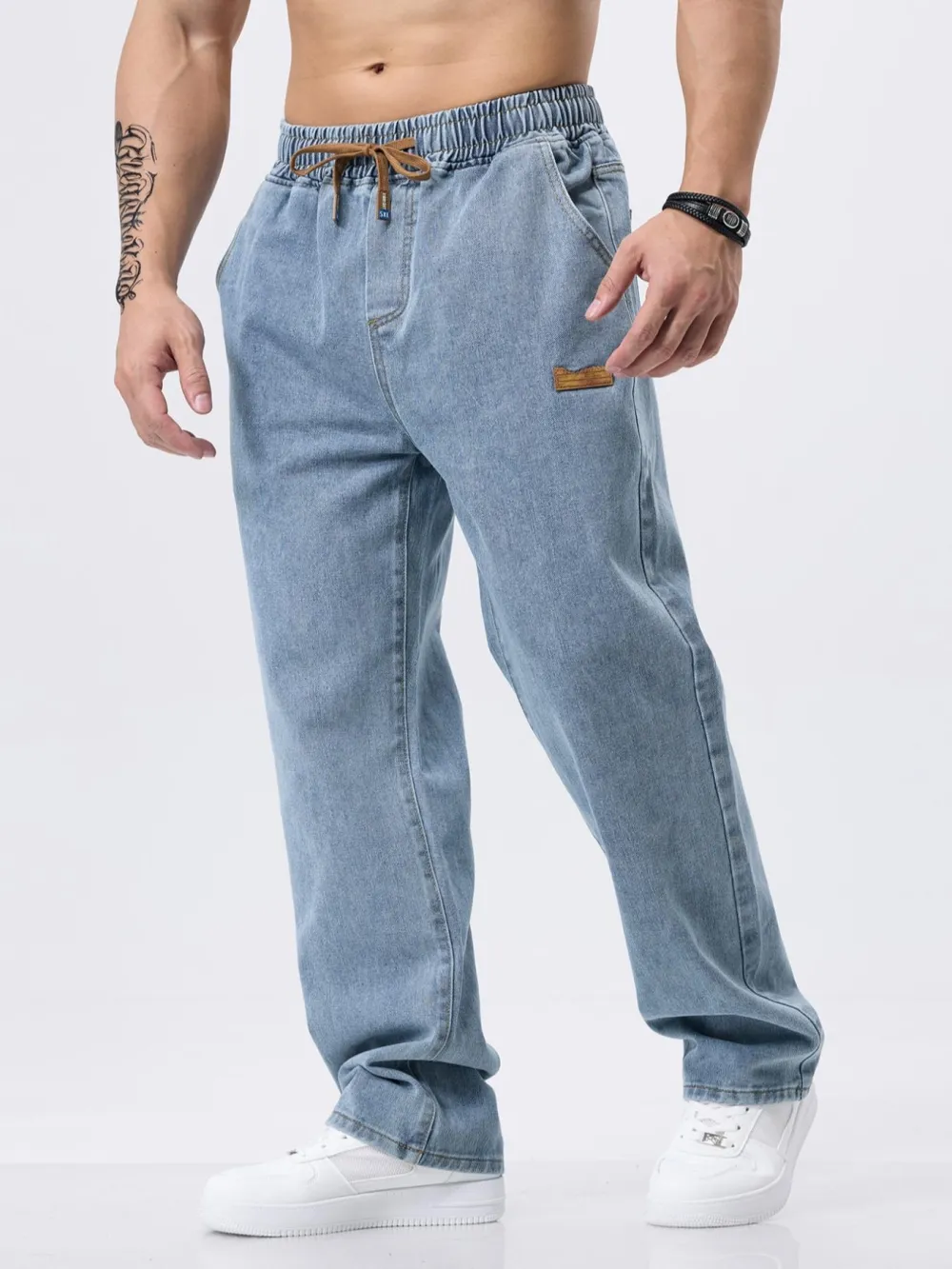 Men's Drawstring Elastic Waist Jeans, Washed Vintage Straight Leg Plain Denim Jeans