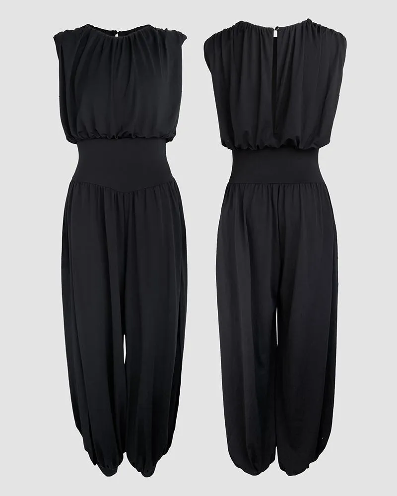 Women's Padded Shoulders Sleeveless Cinched Basque Waist Side High Slit Overalls Casual