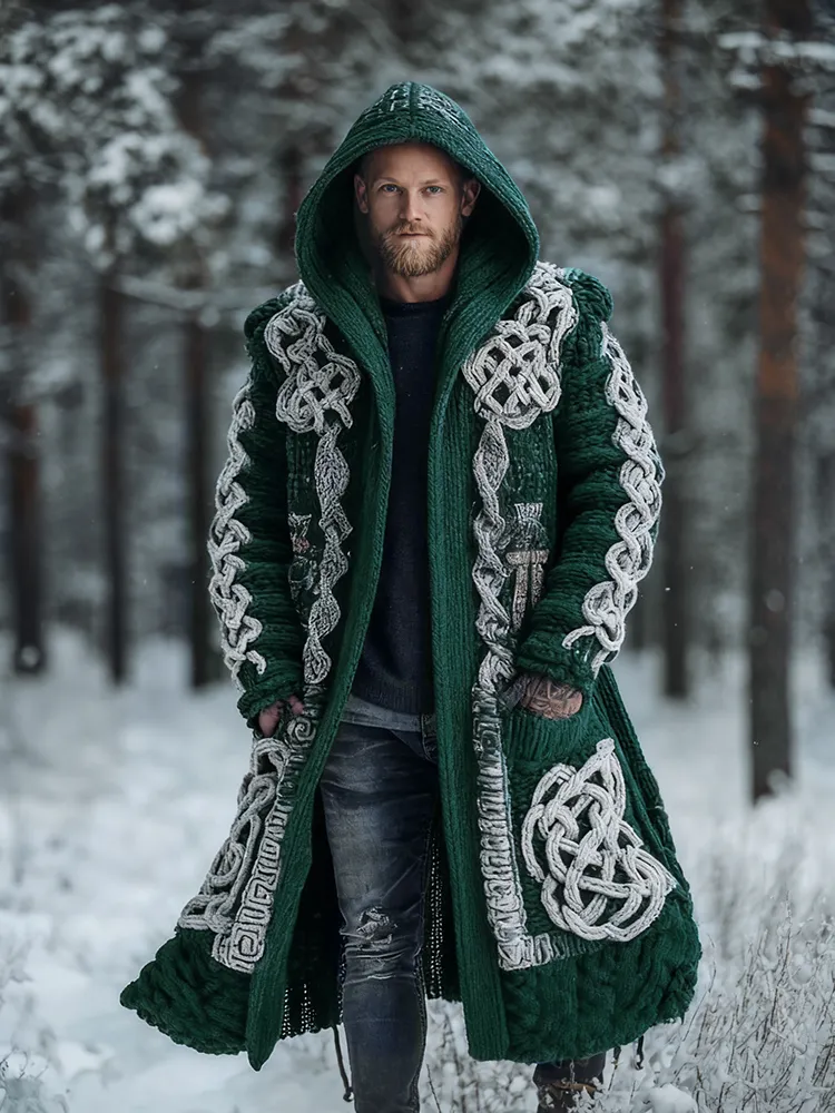 Men's Viking Intricate Celtic Knot Colorblock Pocket Mid-length Cardigan Sweater