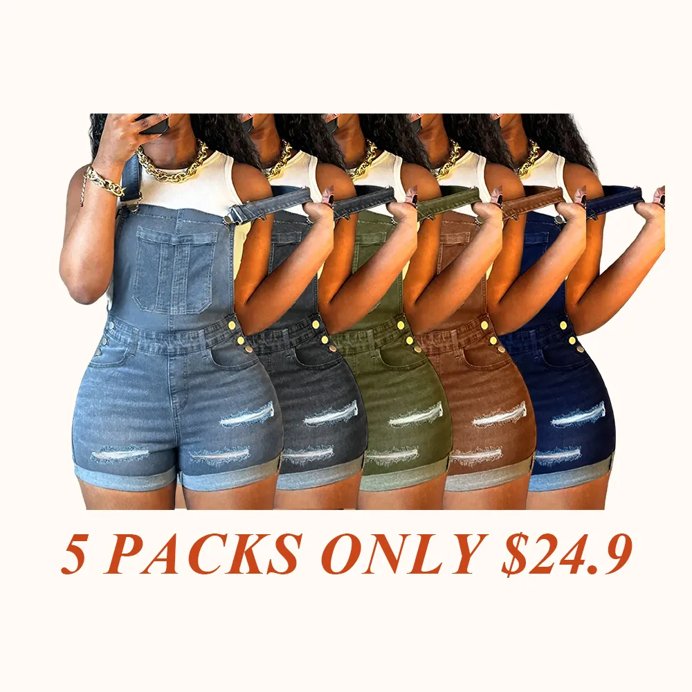 Women's Ripped Denim Bib Shorts - Dark Wash & Adjustable Straps