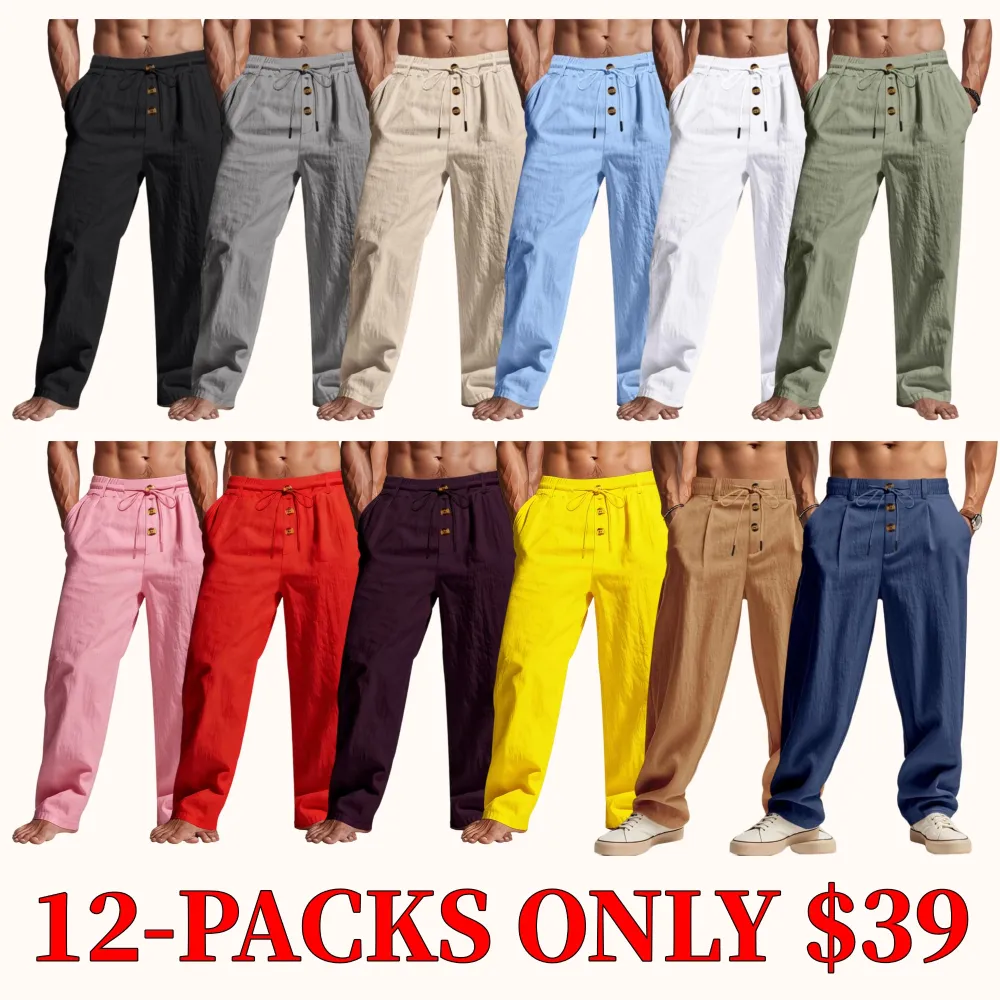 Men's solid color linen trousers with button design