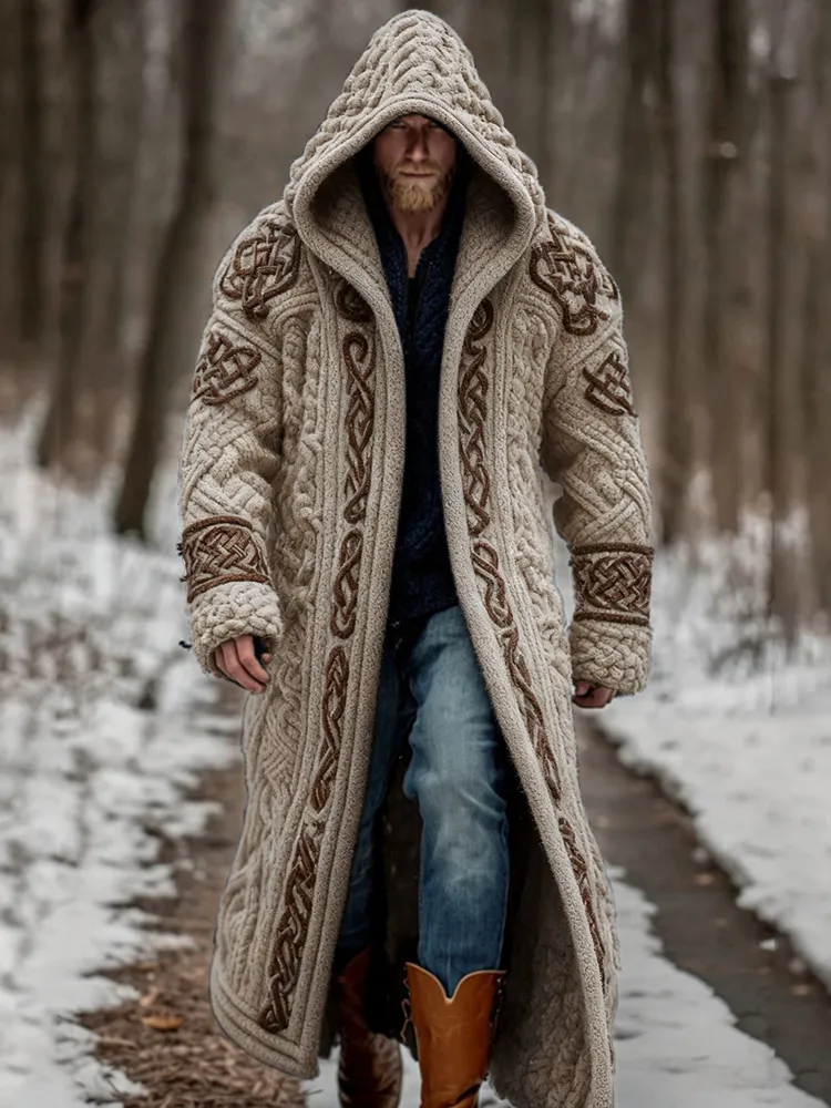 Men's Viking Celtic Knot Art Pocket Mid-length Cardigan Sweater