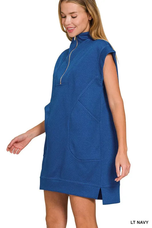 Zenana Textured Knit Jacquard Quarter Zipper Mini Dress