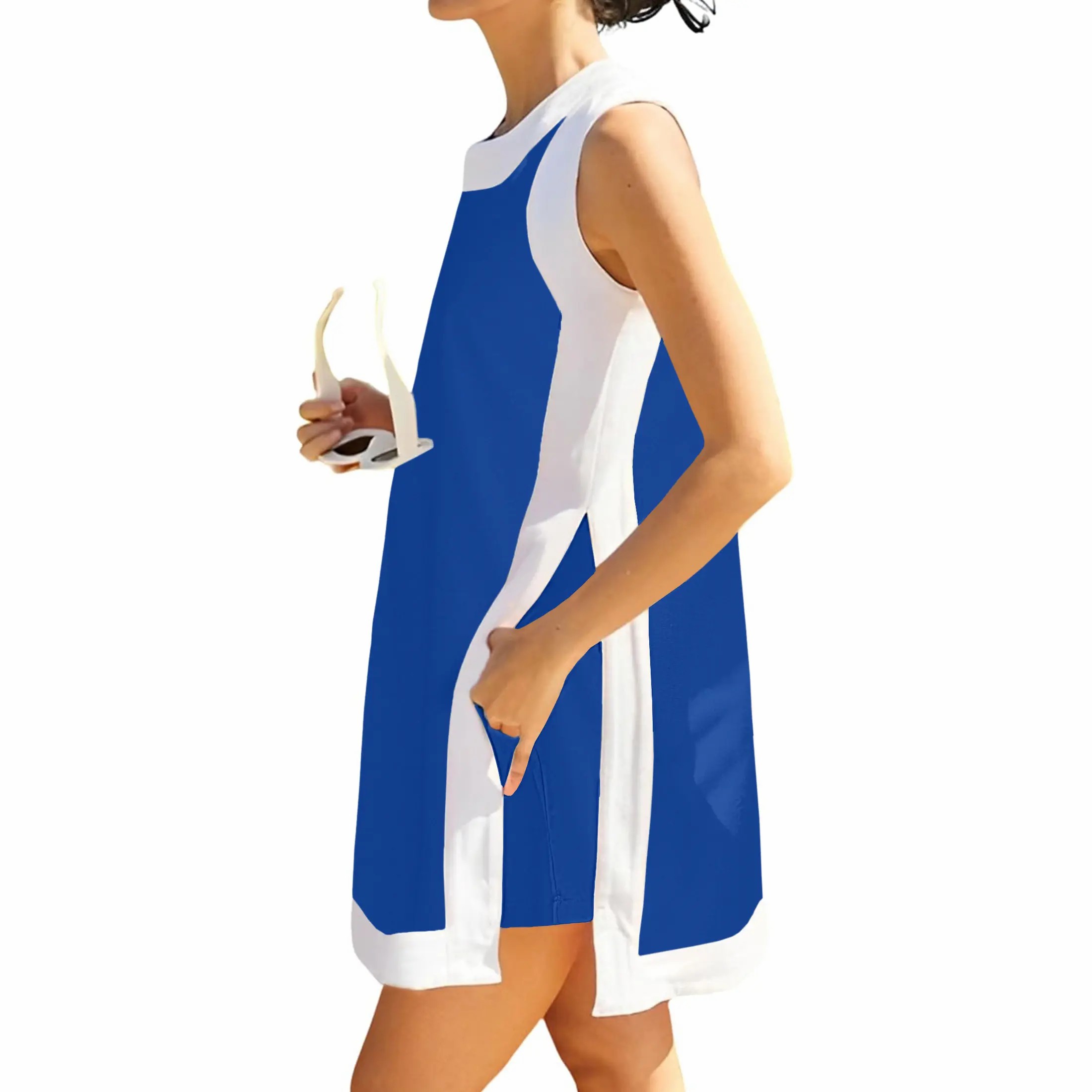 Women's Color Block 2-Piece Set – Crewneck Sleeveless Top & Matching Shorts with Pockets