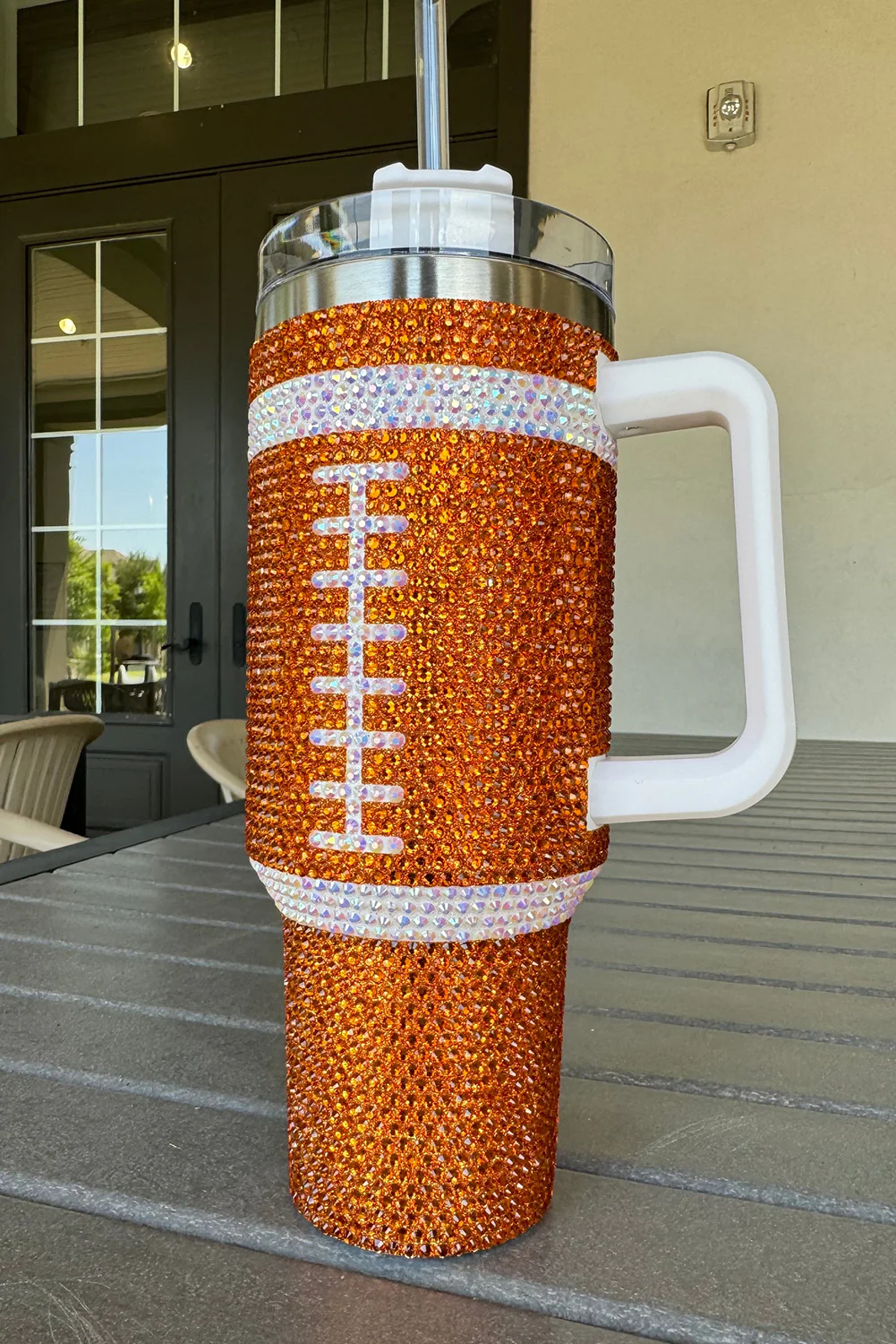 Orange Rhinestone Rugby Football Handle Vacuum Cup 40oz