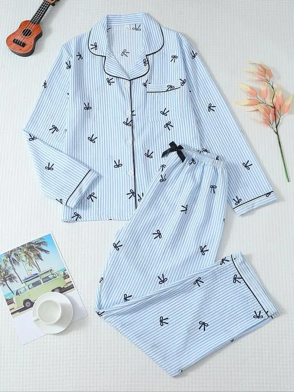 Women's Striped Bow Print Long Sleeve Pajama Set