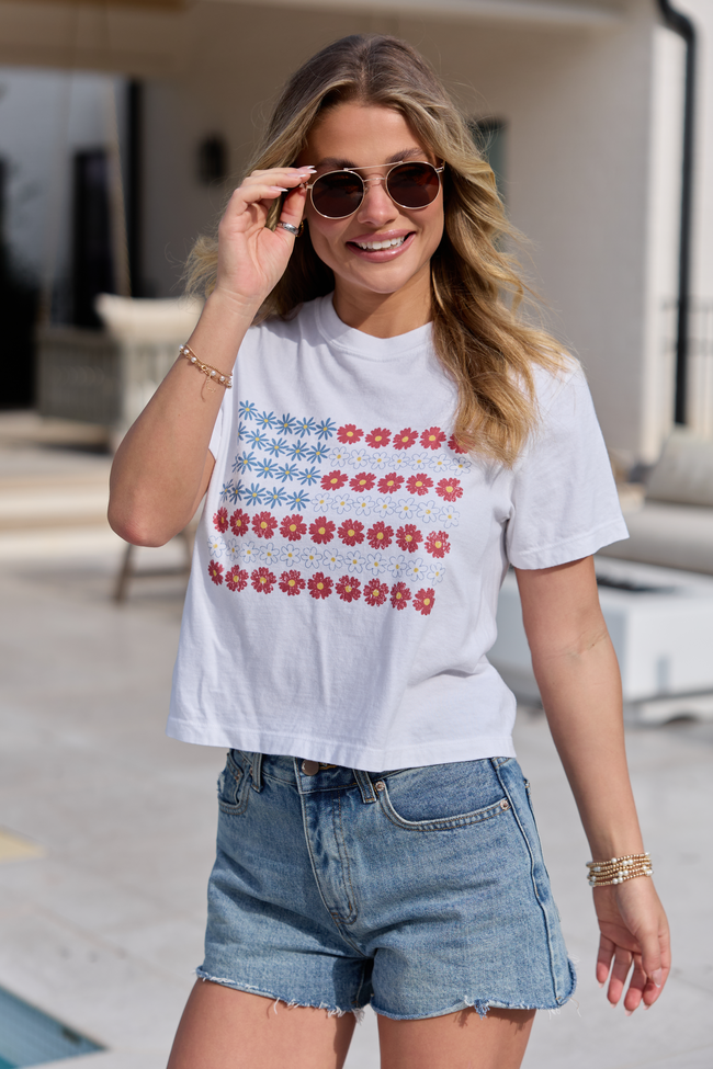 Multi Floral Flag White Boxy Graphic Tee