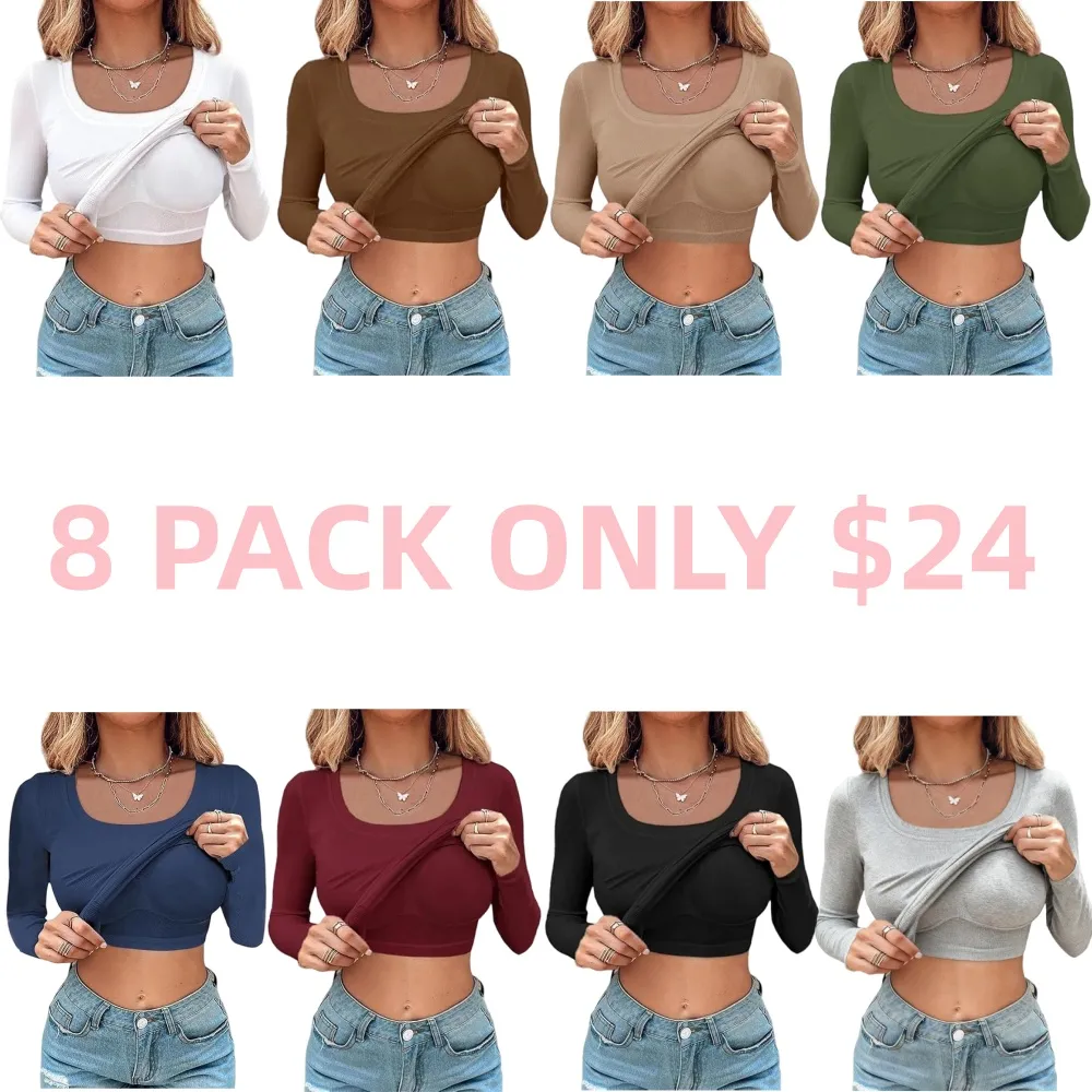 U-Neck Built-in Bra Long Sleeve Ribbed Top Shirts Elegant Skinny Fit Fabric