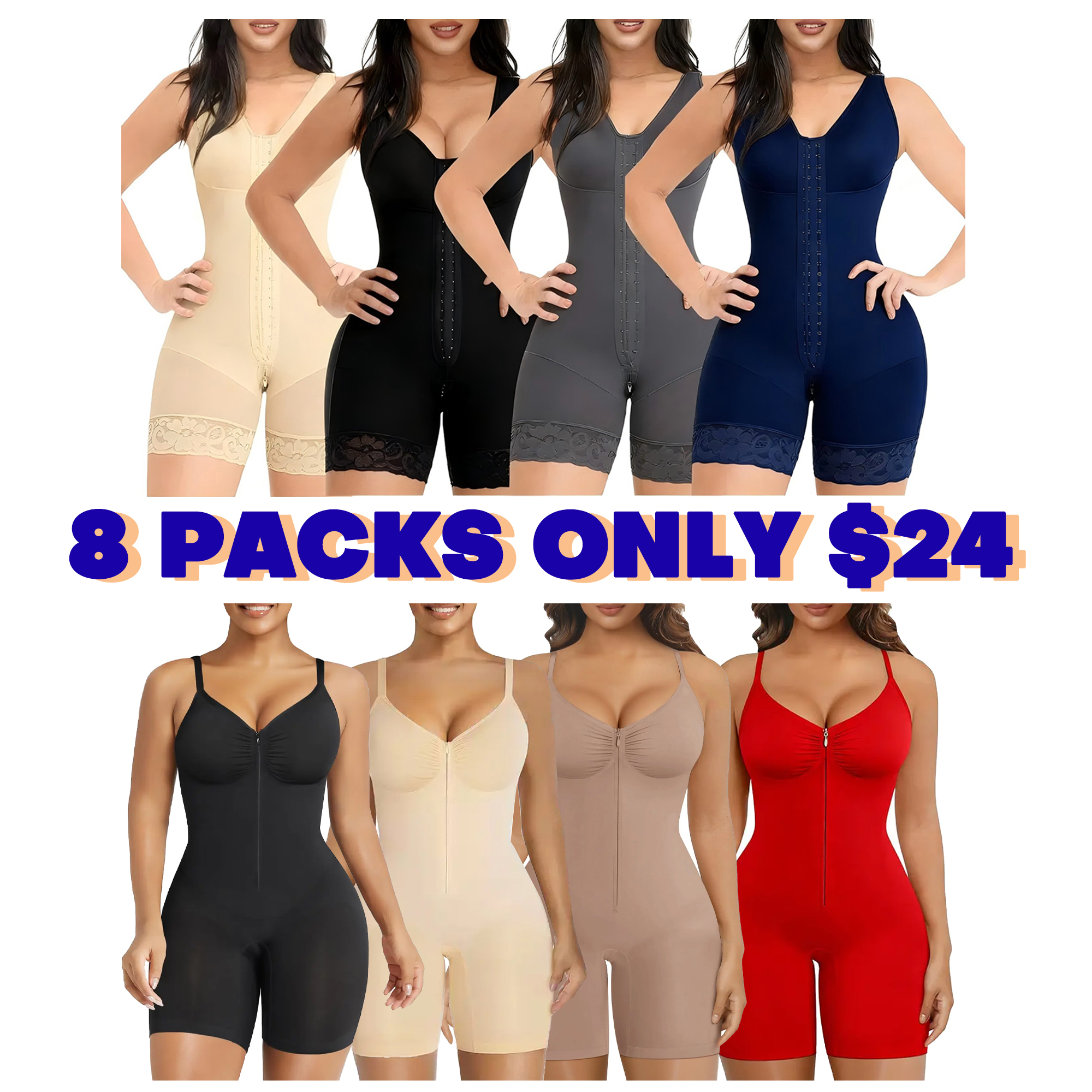 🔥🔥8 PACKS $24 Shapewear for Women| Tummy Control Bodysuits Zip-Up Comfort