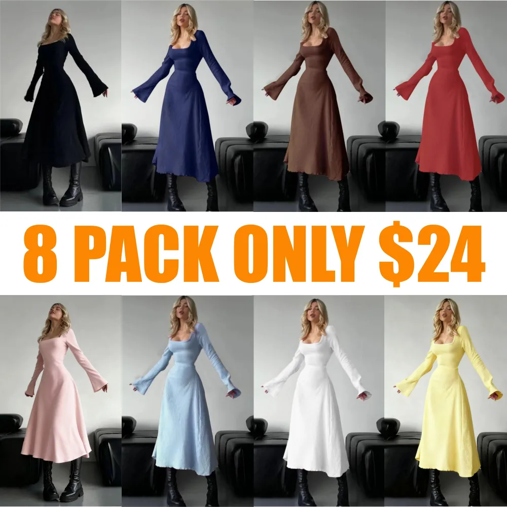 Women's Plain Lace Up Tie Back Flounce Sleeve Dress