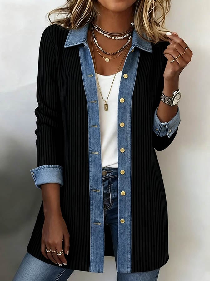 Women'S Casual Loose Contrast Color Patchwork Jacket