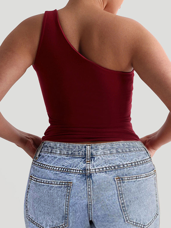 Solid Color Skinny Sleeveless One-Shoulder Vest Top