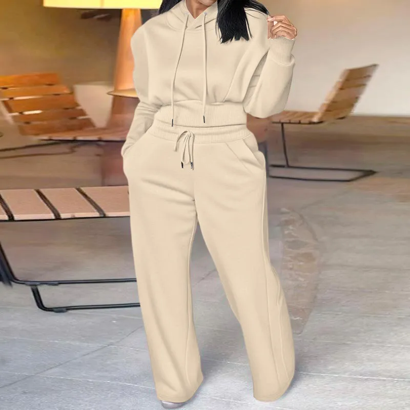 Hooded Long Sleeve Sweatshirt and Casual Wide Leg Sweatpants Set