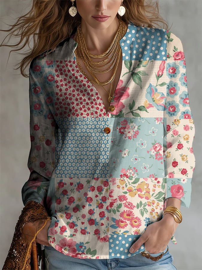 Women's Retro Botanical Flowers Casual Button Down V Neck Shirt