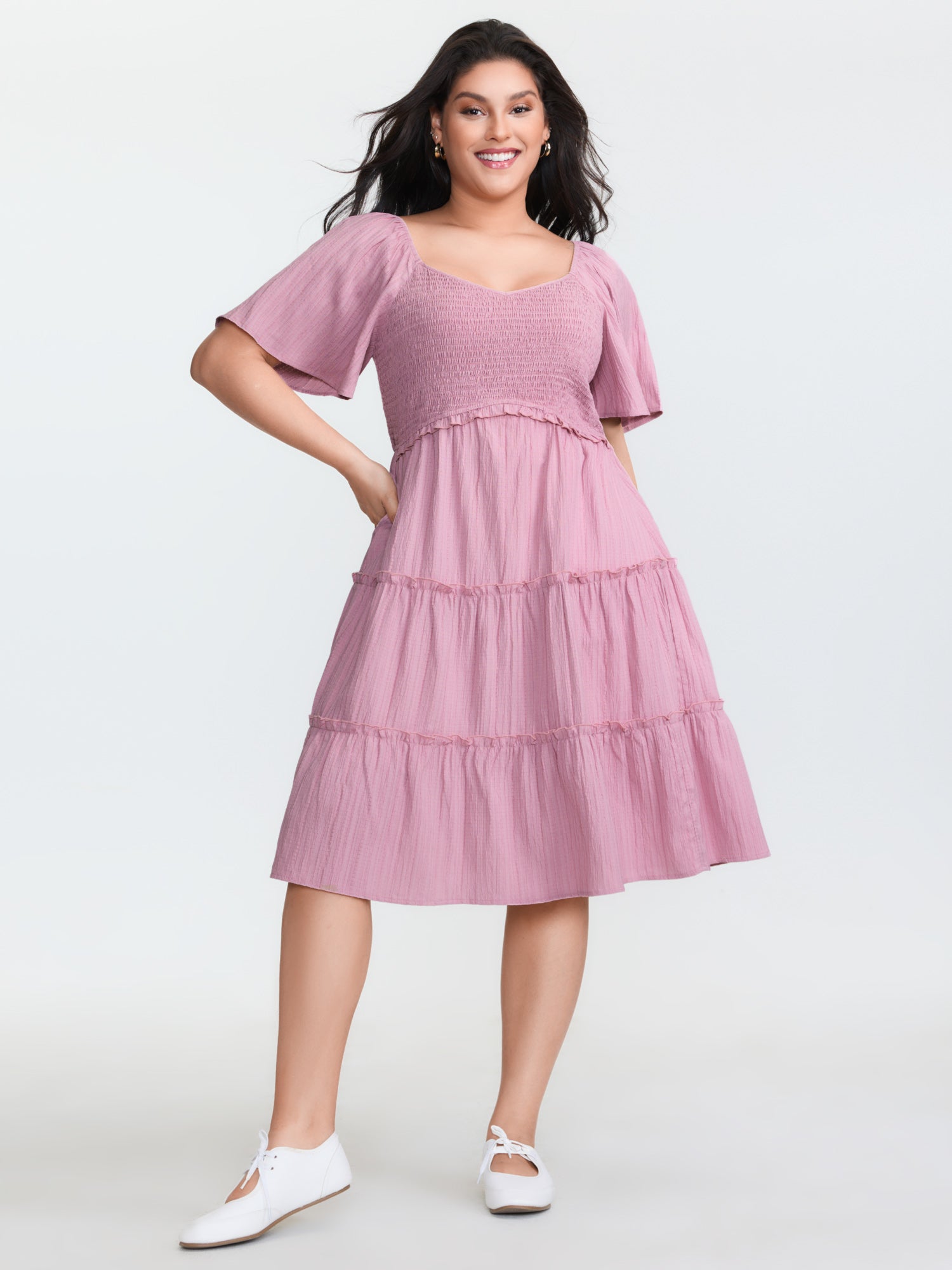 Shirred Bodice Flared Sleeve Pockets Mini Dress