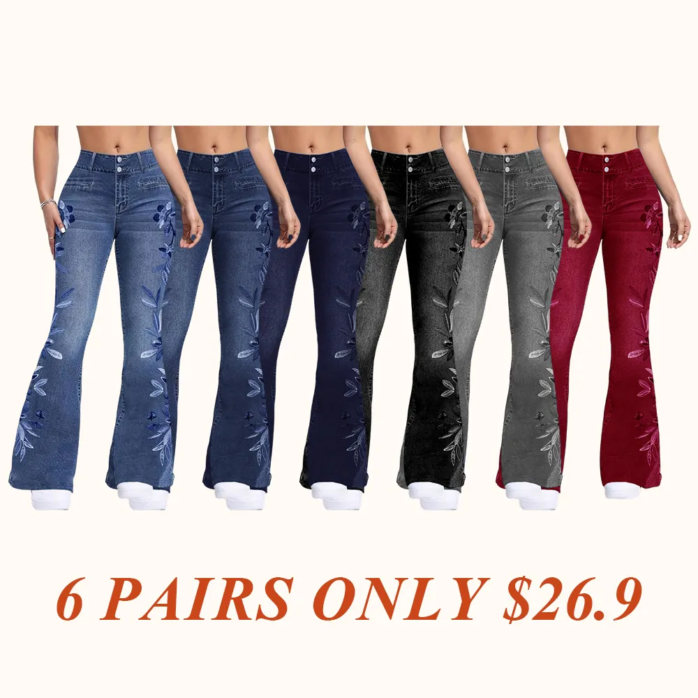 Women's denim printed flared pants