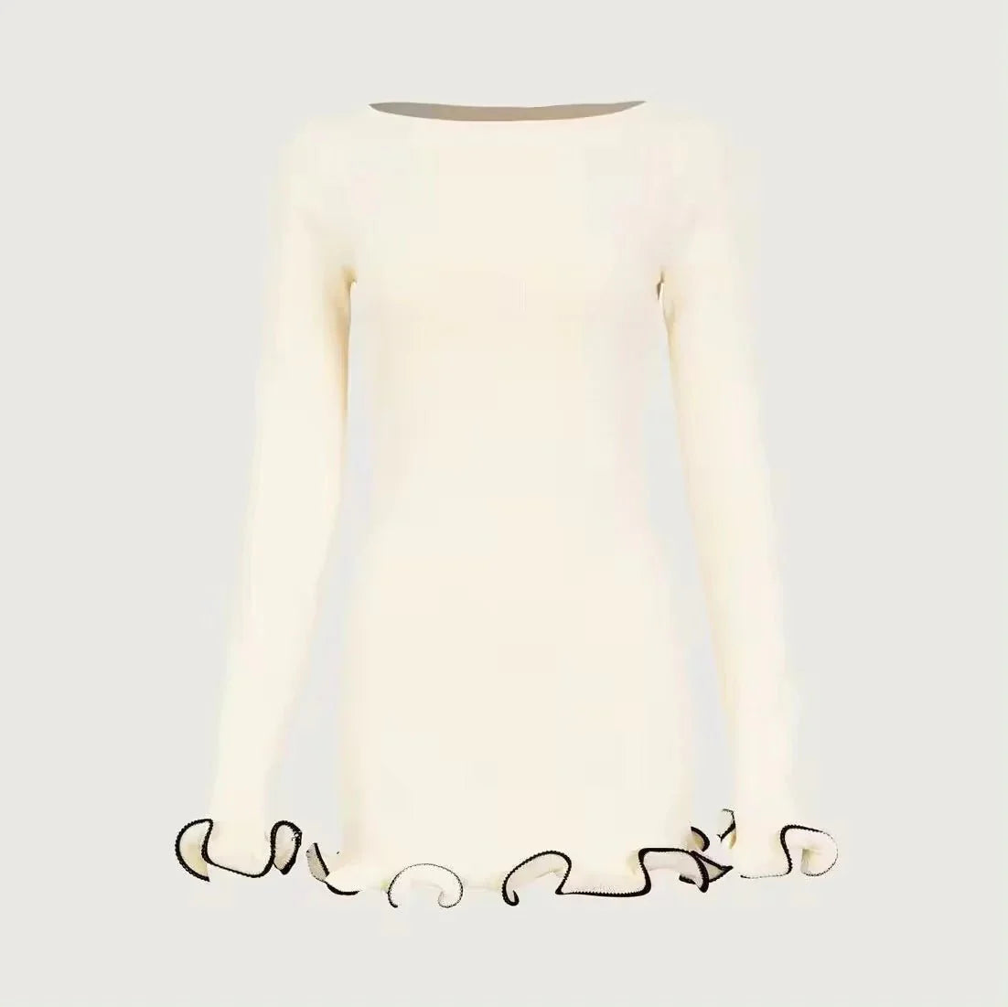 Women's Elegant Colorblock Wave Hem A-Line Long Sleeve Knit Dress, Fall & Winter Plain Pattern Tight-Fitting Casual