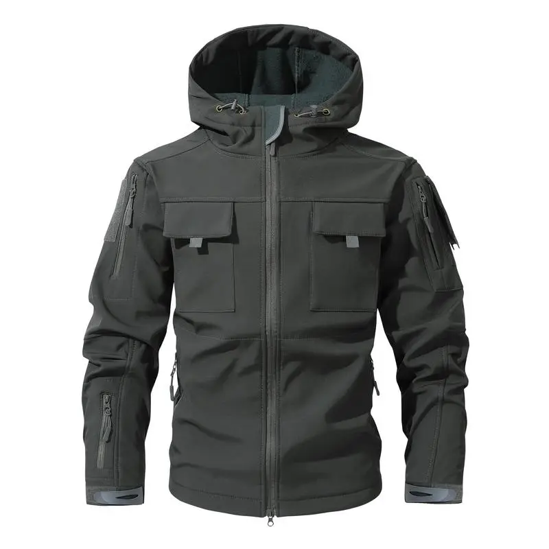 Men's Multi-Pocket Workwear Hooded Jacket, Fleece Waterproof Jacket