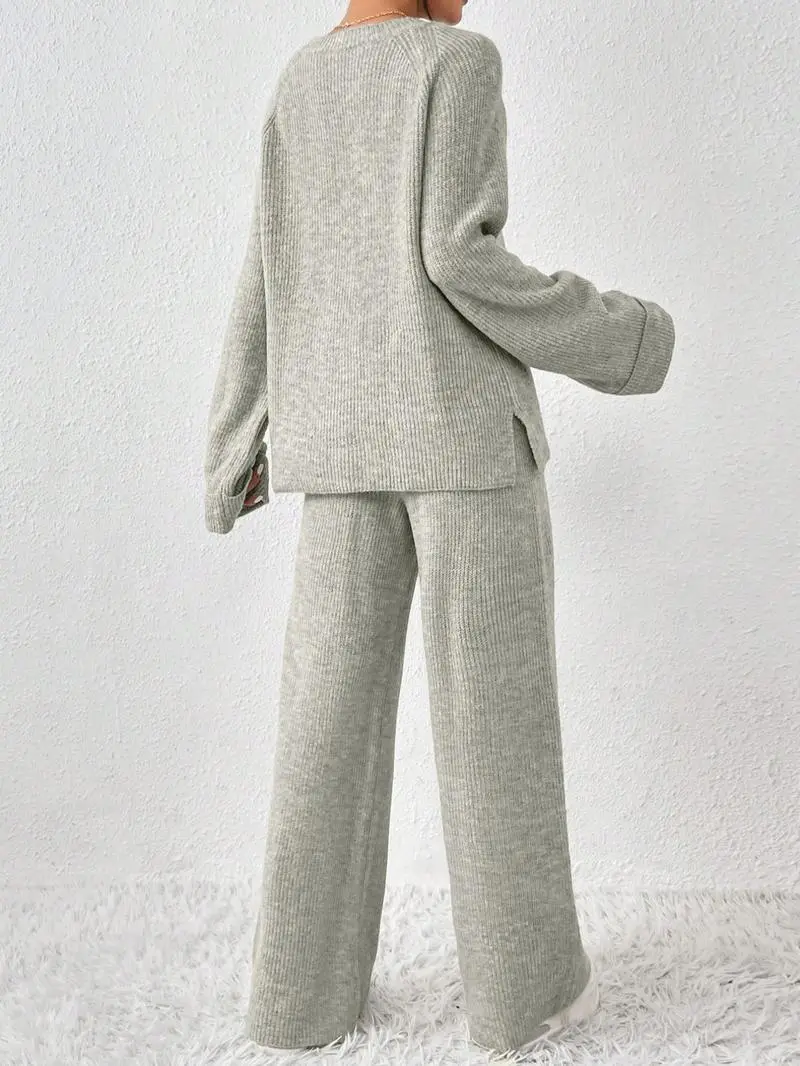Women's Raglan Sleeve Split Long Sleeve Sweater & Elastic Waist Pants Set