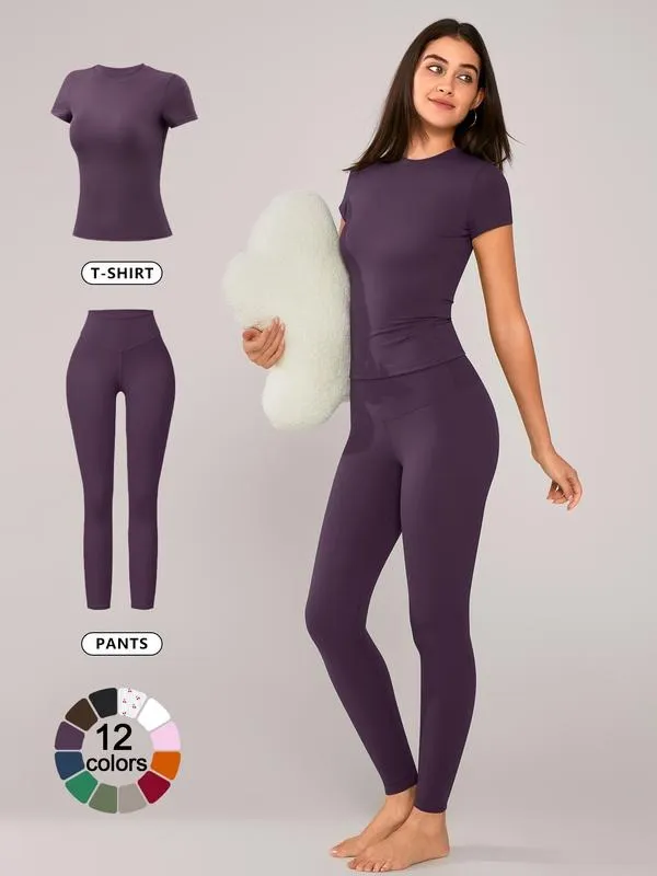 Women's Solid Short Sleeve Tee & Leggings Loungewear, Casual Comfy Round Neck Top & Skinny Pants PJ Set