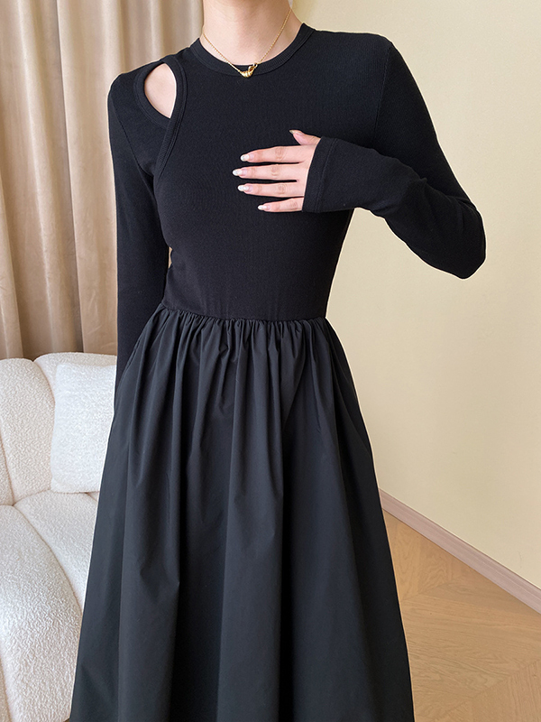 Elasticity Hollow Solid Color Split-Joint A-Line Long Sleeves Round-Neck Midi Dresses
