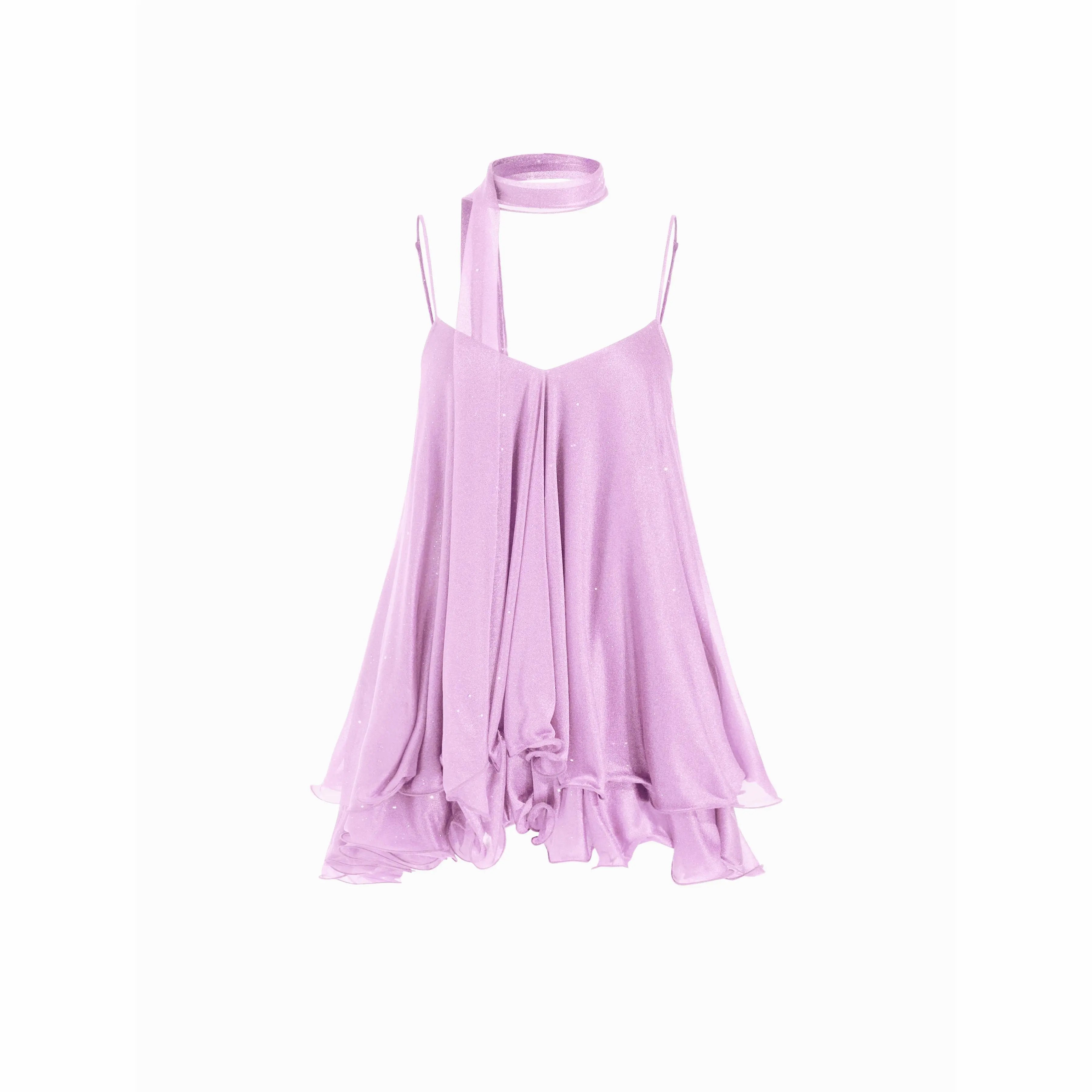 Women's Sequin V-Neck Halter Mini Dress – Ruffled Hem with Scarf