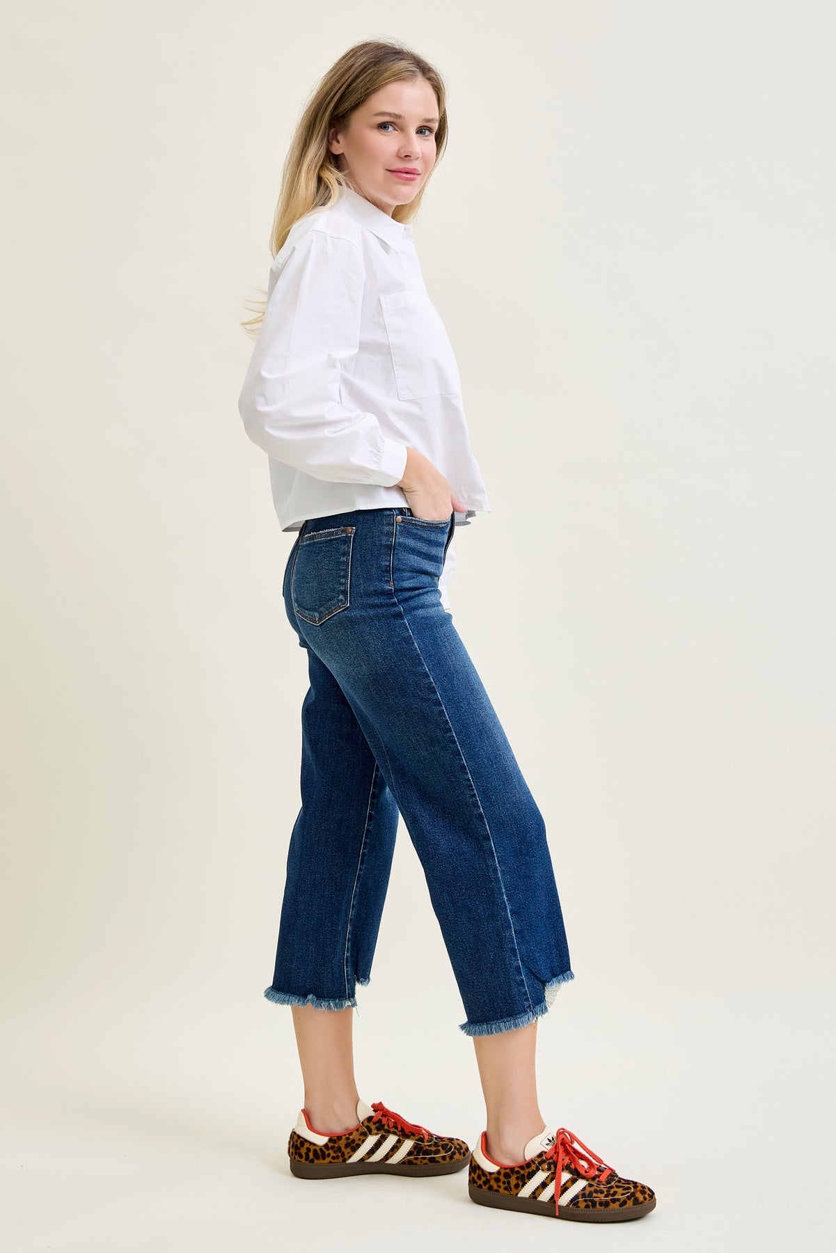 Dottie Button Fly Distressed Hem Crop Wide