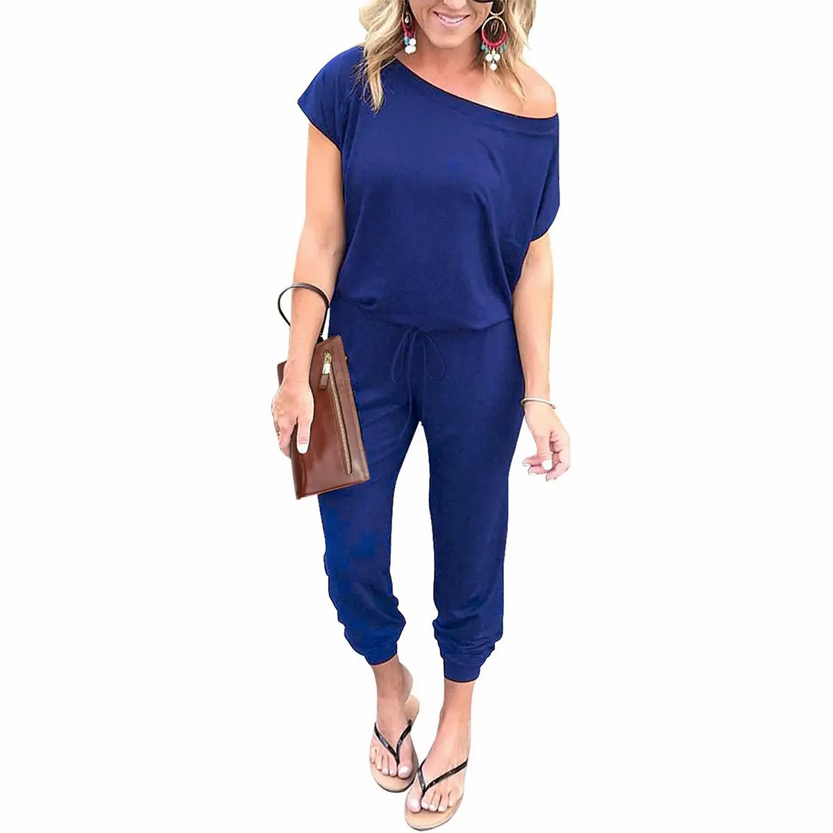 Women's Off-Shoulder Elastic Waist Jumpsuit – Lightweight Casual Romper