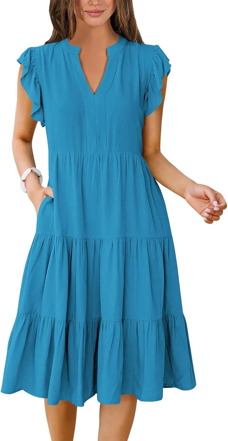 Women's Ruffle Sleeve V-Neck Tiered Midi Dress