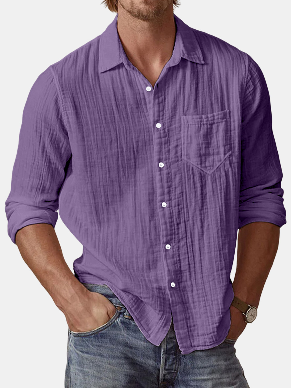 Men's Casual Textured Solid Color Comfortable Puff Wrinkle Long Sleeve Shirt